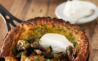 Mandy Hall's Dutch Baby Pancake with Kris Lloyd Artisan Buffalo Curd, Thyme and Mushrooms